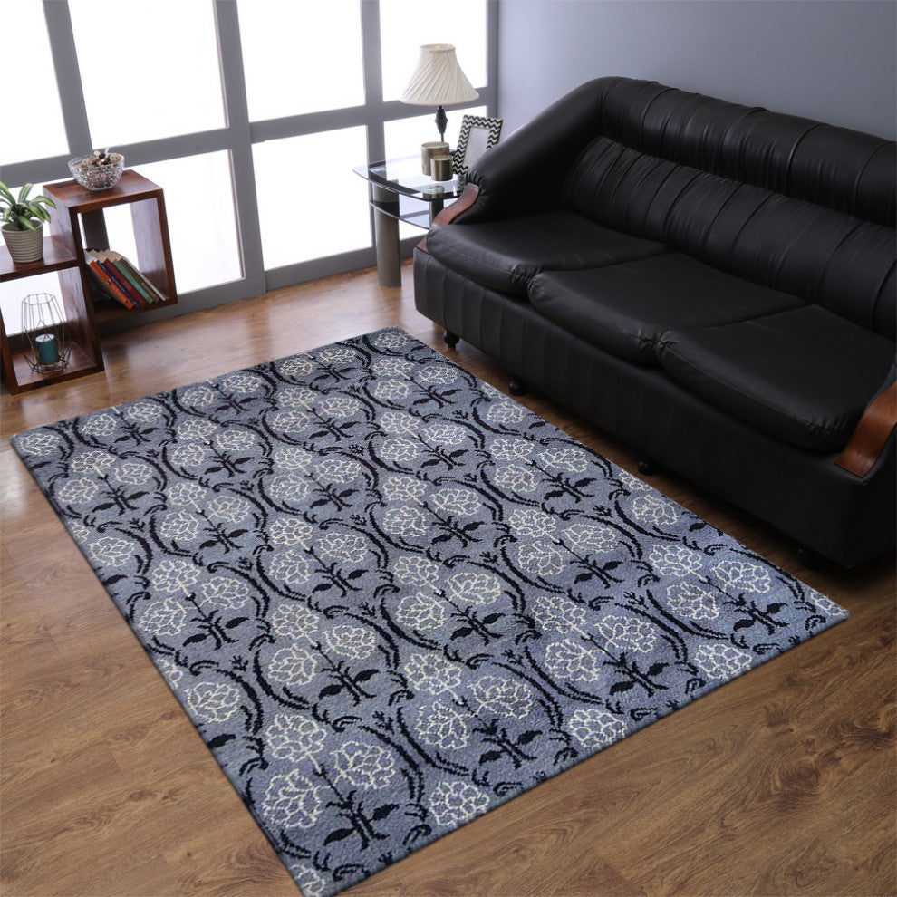 Hand Knotted Silk Area Rug Floral Gray Black