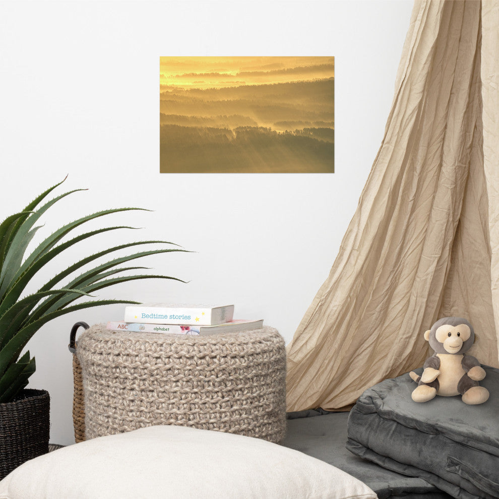 Golden Mist Valley - Hills & Mountain Range Landscape Wall Art Prints, 12" X 18"