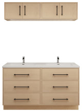 Victoria 60" Double Sink Solid Wood Vanity, Overhead Cabinet, Yellow Oak