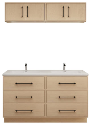 Victoria 60" Double Sink Solid Wood Vanity, Overhead Cabinet, Yellow Oak