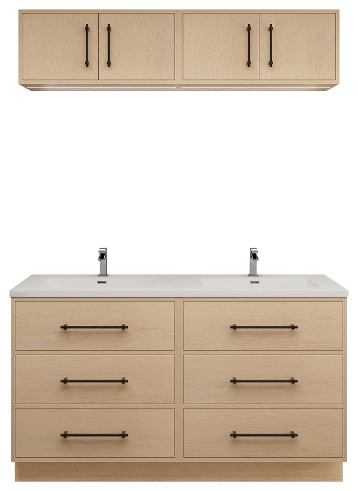 Victoria 60" Double Sink Solid Wood Vanity, Overhead Cabinet, Yellow Oak