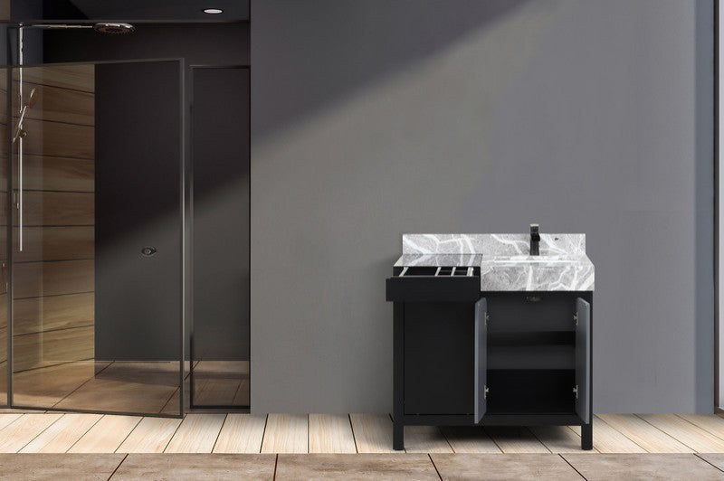 Zilara 36" Black and Grey Vanity, Cascata Nera Matte Black Faucet Set