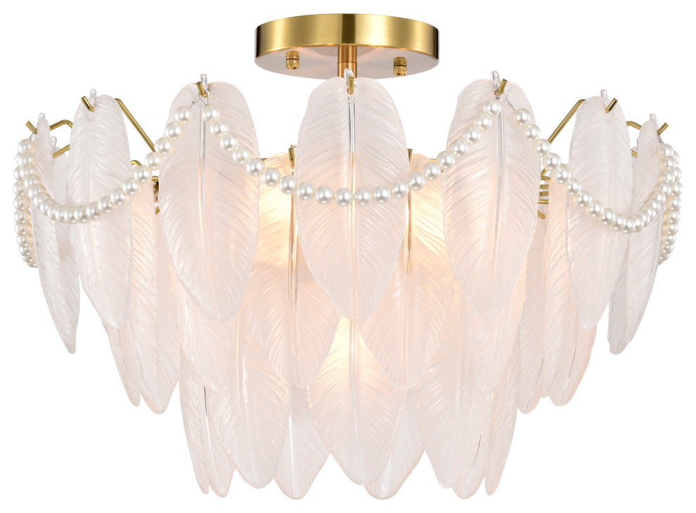 Lily 7-Light Brushed Shiny Brass Glass Feather-shaped Flush Mount
