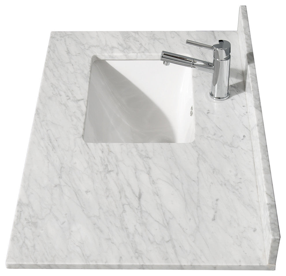 36" Single Bath Vanity, White, White Carrara Countertop, Sink, Gold Trim
