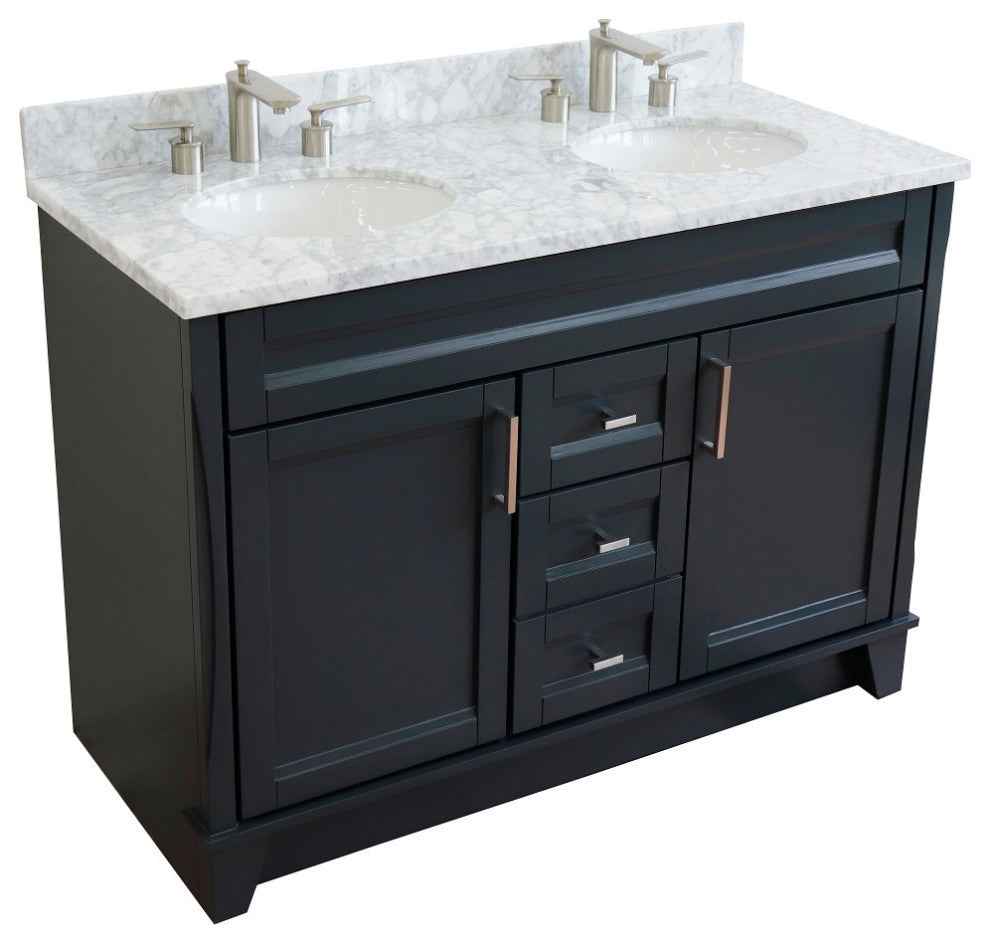 48" Double Sink Vanity, Dark Gray Finish With White Carrara Marble