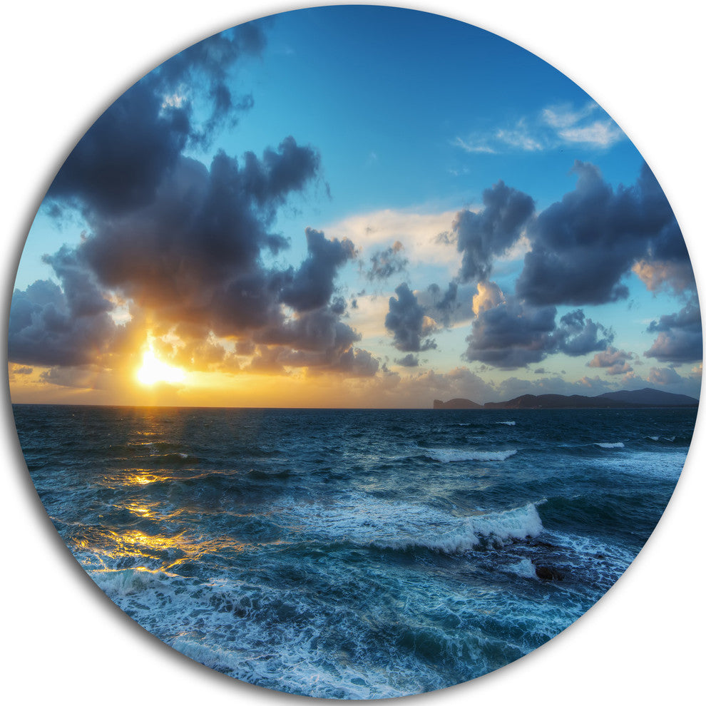 Sunset At Alghero Under Dramatic Sky, Seashore Round Metal Artwork, 11"