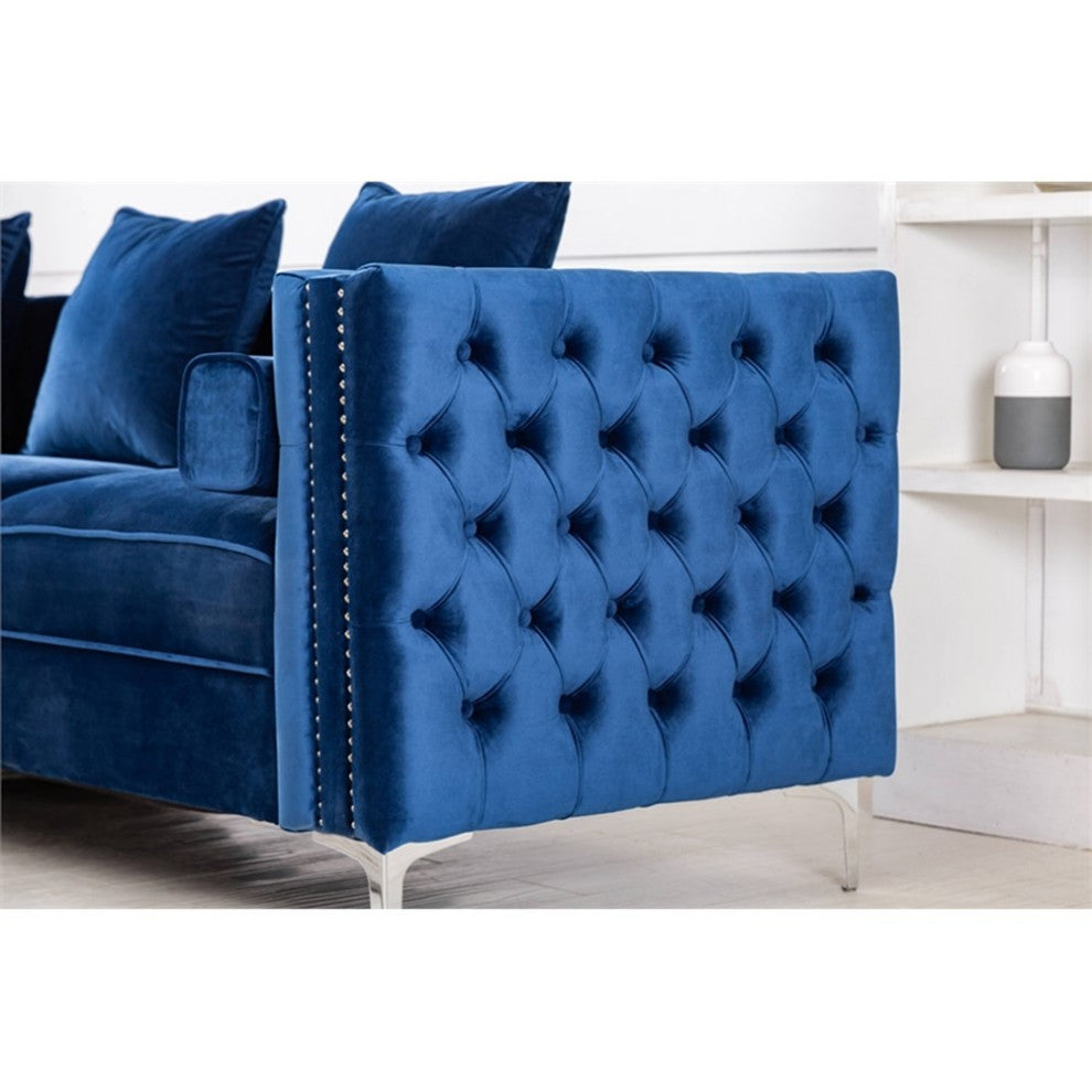 Legend Vansen 104" Modern Wood & Velvet Fabric Sofa with Ottoman in Blue
