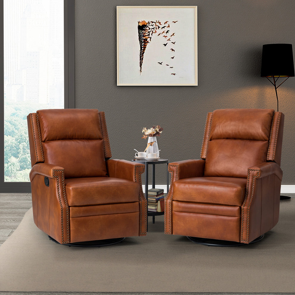 Genuine Leather Swivel Rocker Recliner, Set of 2, Saddle