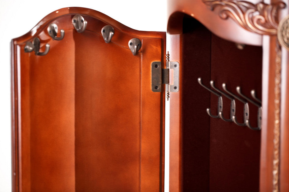 Interior close-up of cabinet with hooks on white background