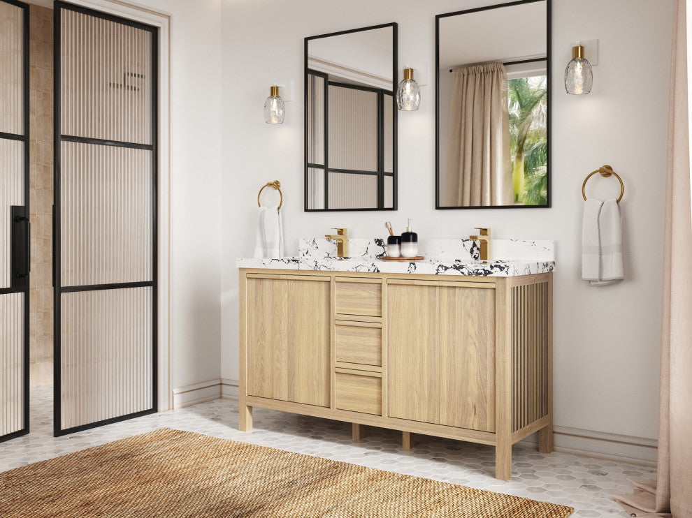 Elizabeth Oak 60" Double Sink Vanity, White 2" Calacatta Laza