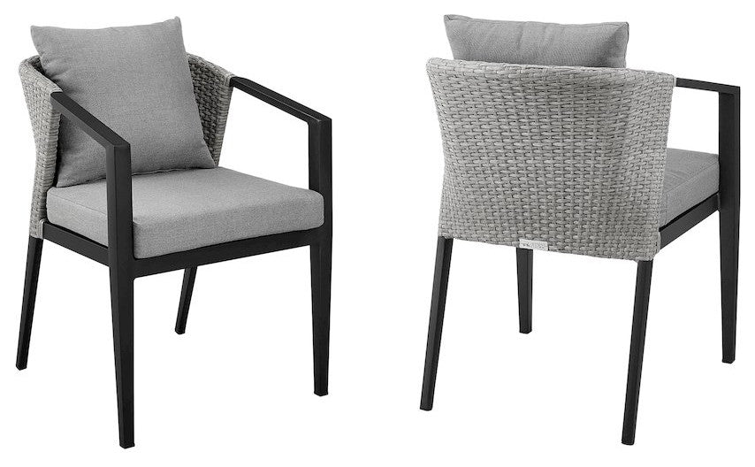Outdoor Patio Dining Chairs in Aluminum and Wicker with Gray Cushions - Set of 2