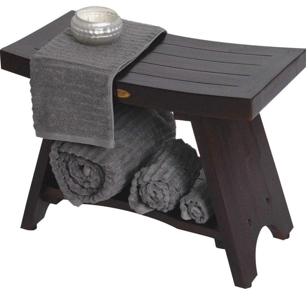 HomeRoots Teak Rectangular Shower Bench With Shelf, Brown Finish