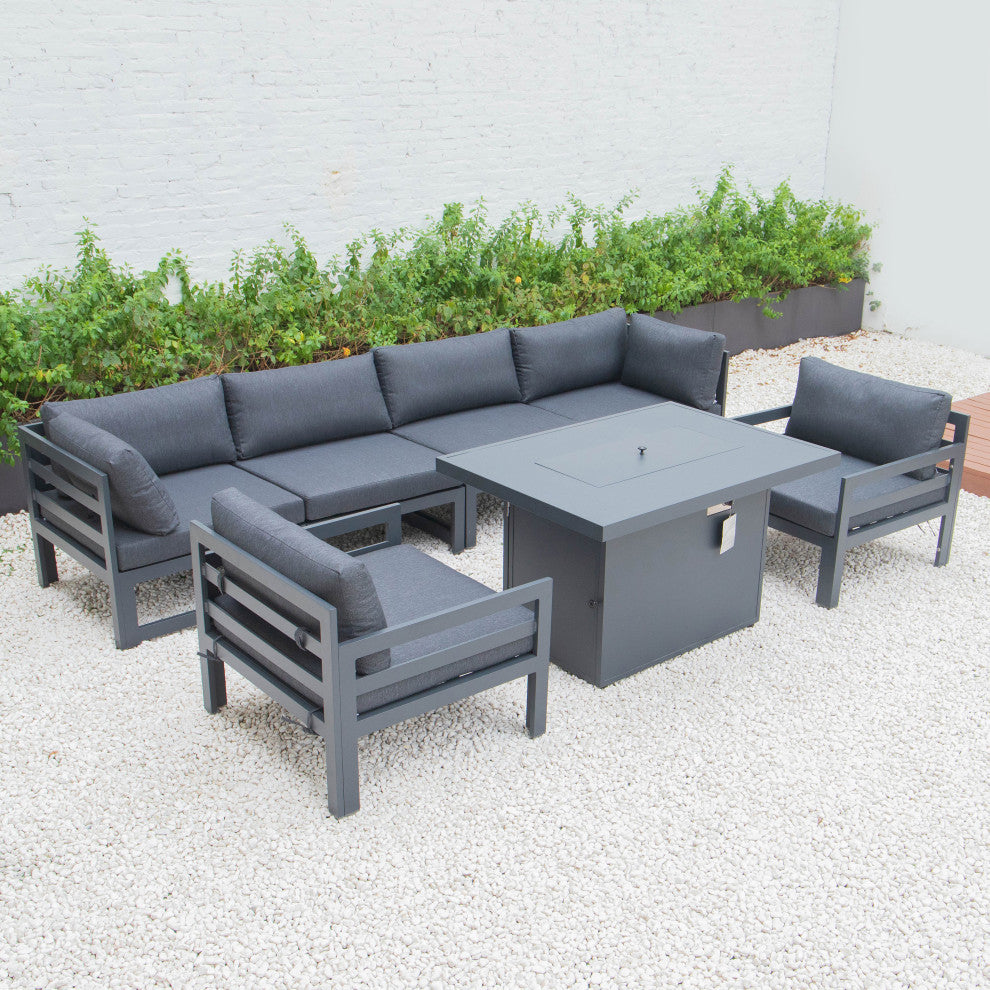 LeisureMod Chelsea 7-Piece Outdoor Sectional With Fire Pit Table, Black