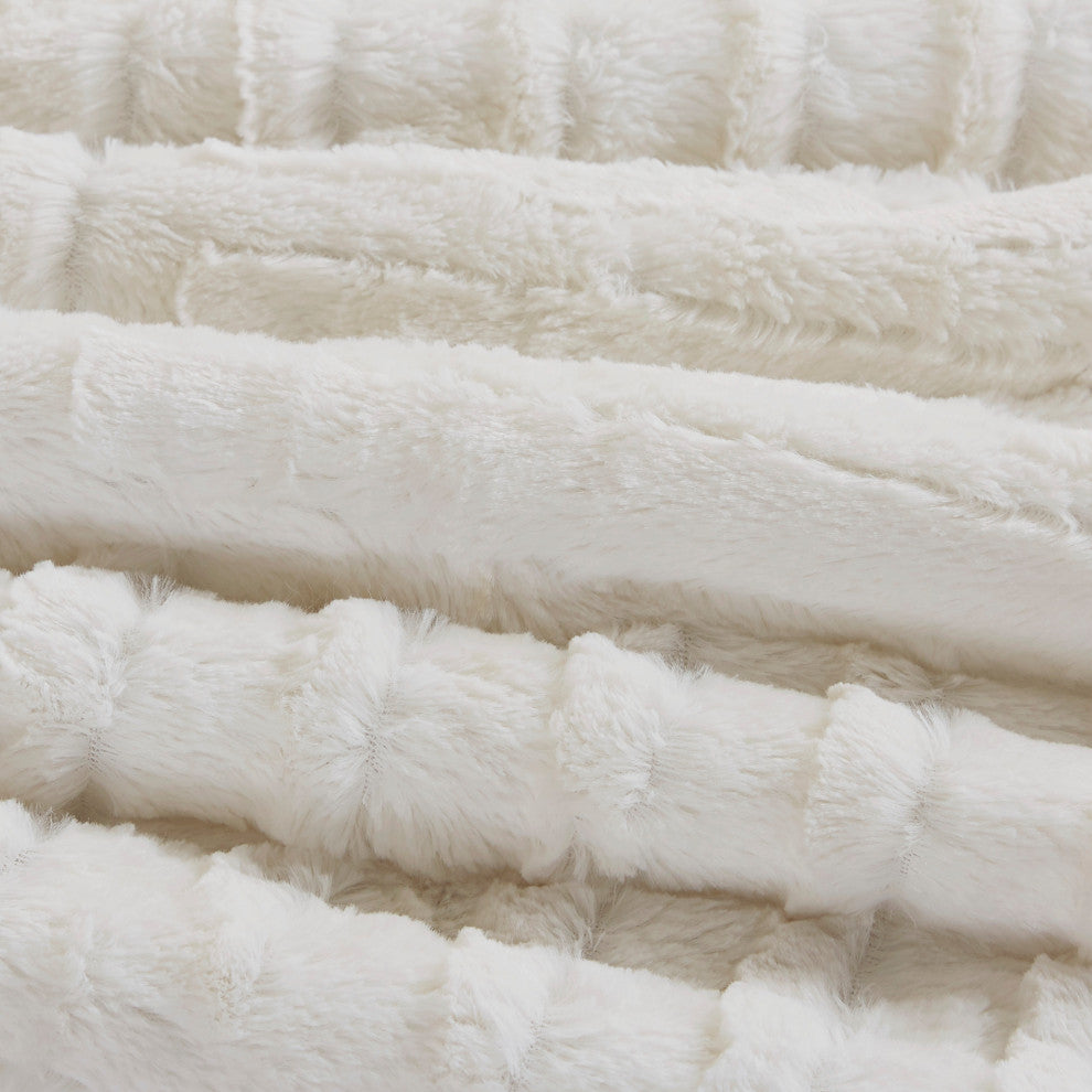 Madison Park Checkboard Brushed Long Fur Comforter Mini Set, Ivory, Full/Queen