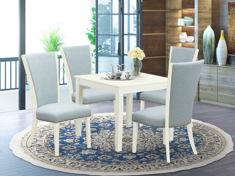 A Dining Set Of 4 Chairs, Baby Blue Color, Square Table, Linen White Color