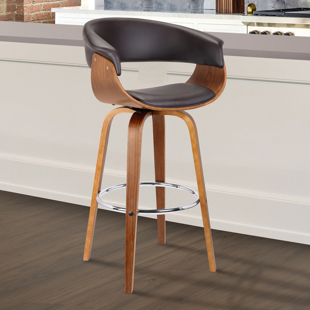 Artemis 30" Mid-Century Swivel Barstool, Brown Faux Leather With Wooden Legs