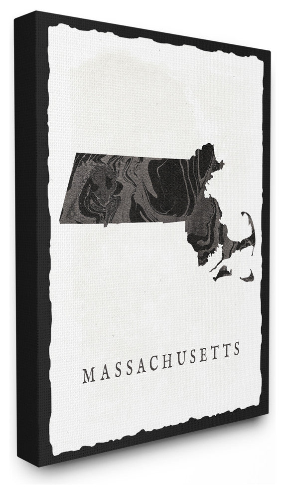Black and Grey Marbled Massachusetts State Silhouette Stretched Canvas, 24"x30"