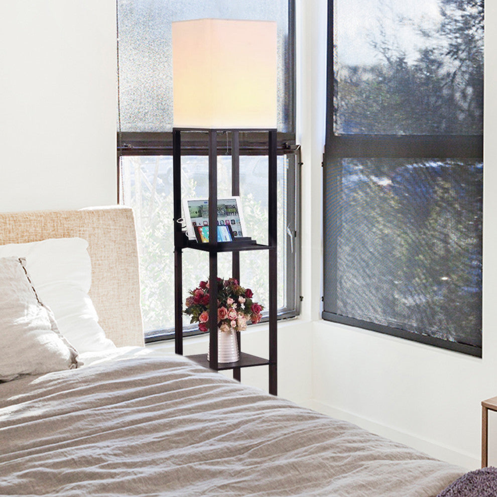 Brightech Maxwell Charger - Shelf Floor Lamp with USB Charging and Outlet LED, Classic Black