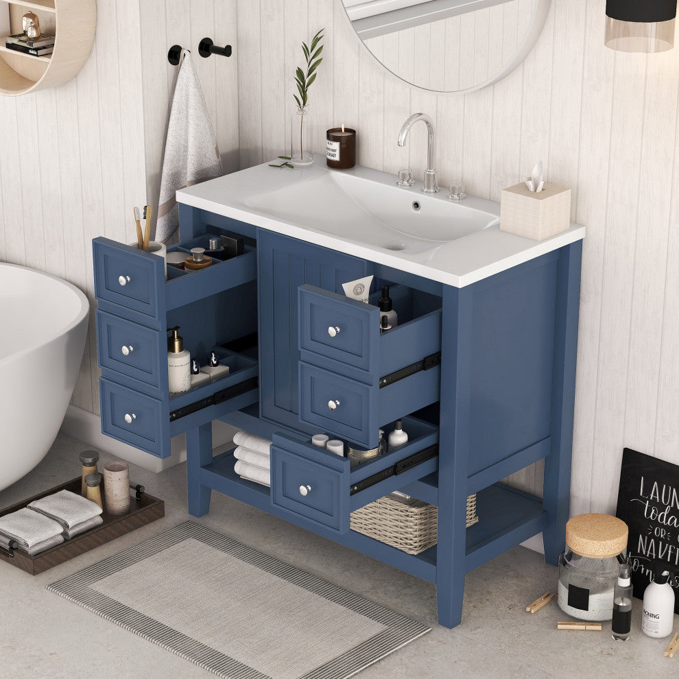 36 Inch Freestanding Bathroom Vanity Set in Blue with Drawers and Ceramic Sink, Blue