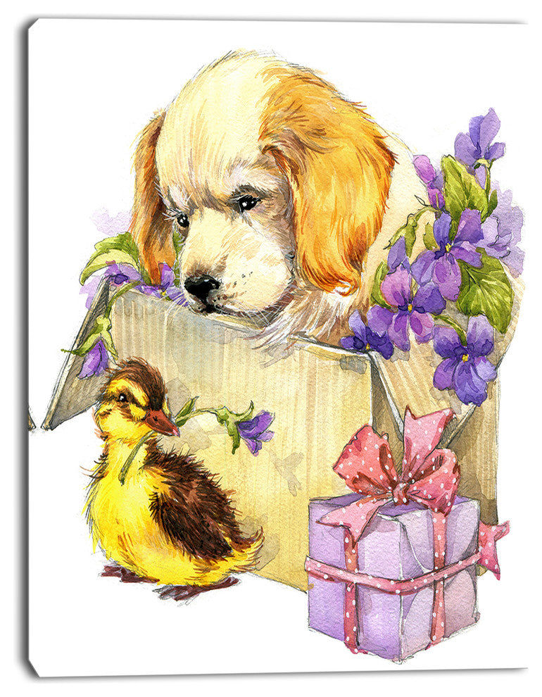 Cute Puppy Dog and Duck, Contemporary Animal Art Canvas, 28"x60"