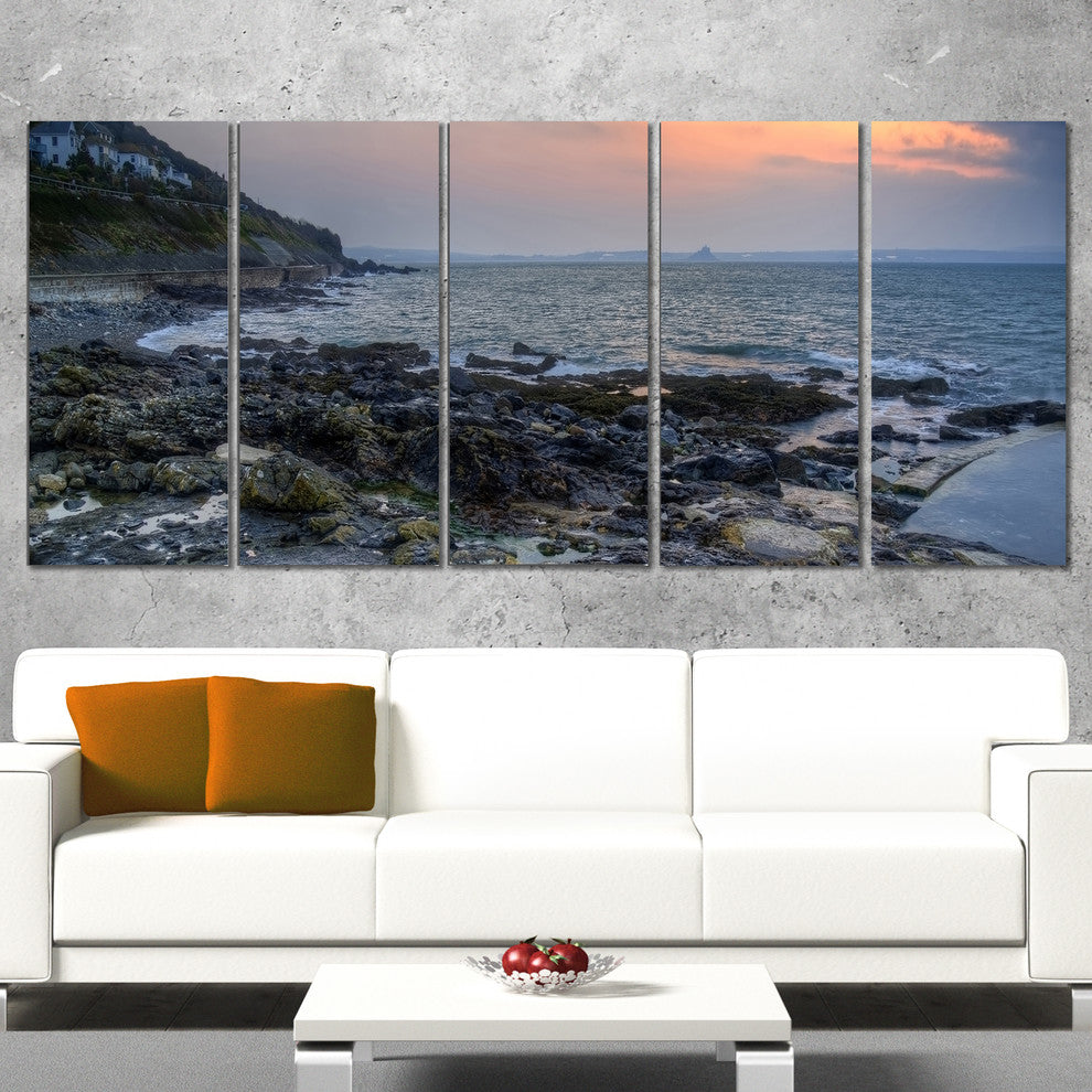 "Dark Rocky Seashore Sunrise" Seashore Canvas Art, 5 Panels, 60"x28"