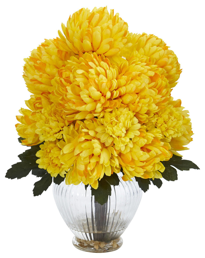 Nearly Natural Mum Artificial Arrangement In Vase, Yellow
