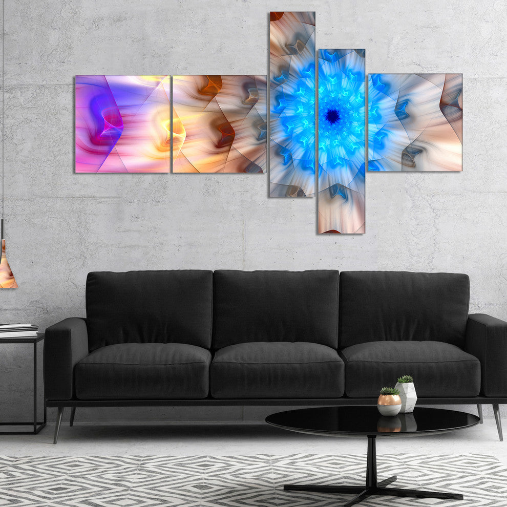 Blue Fractal Petals Dandelion, Floral Canvas Art Print, 60"x32", 5 panels