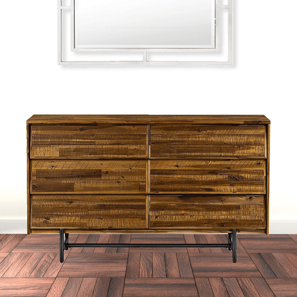 57" Brown and Black Solid Wood Six Drawer Double Dresser