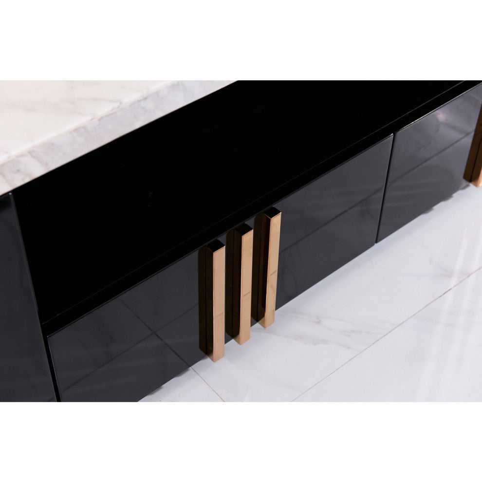 Empire TV Stand, White Marble Media Cabinet, 95" Rosegold Black TV Storage