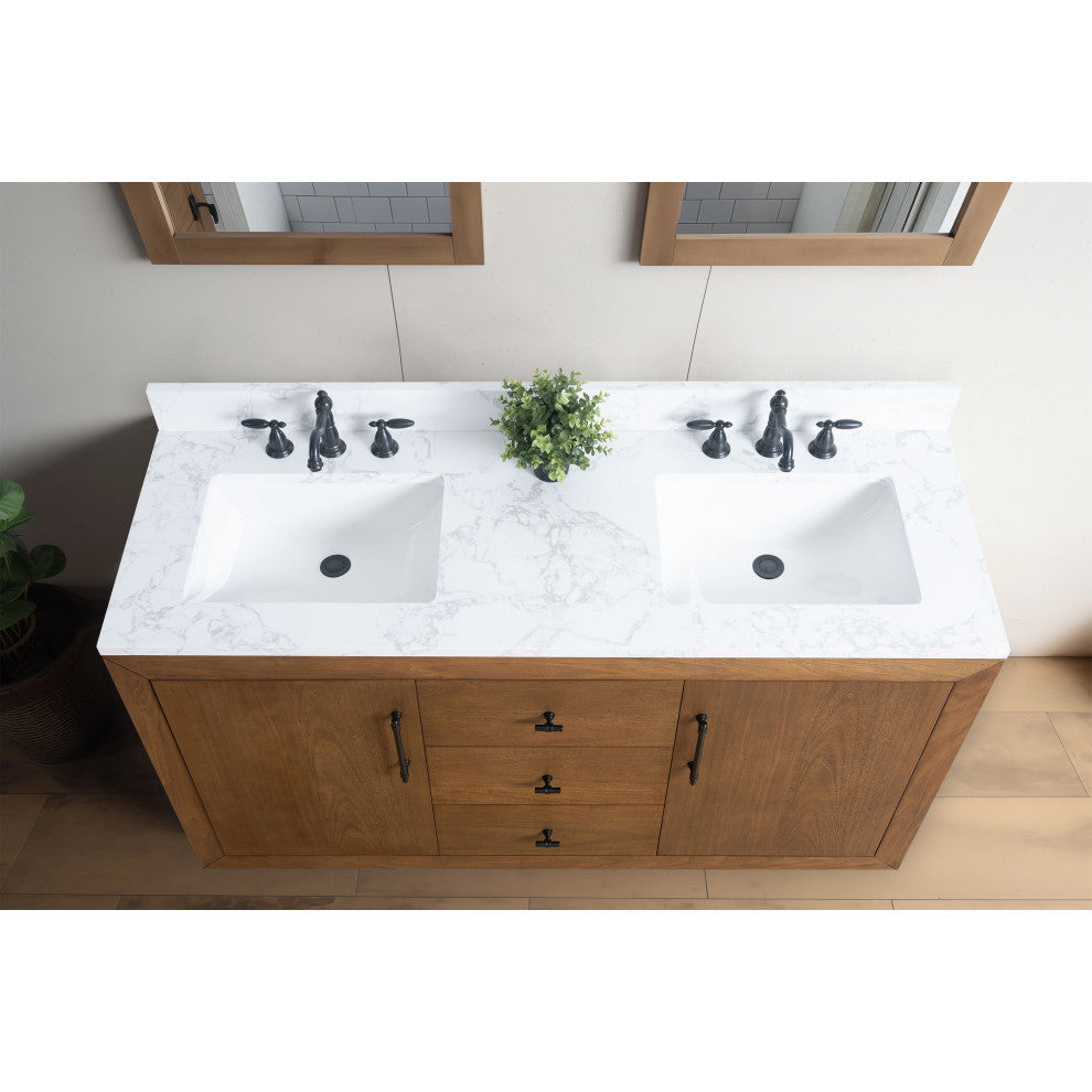 Vanity Art Bathroom Vanity With Sink, Tan, 60" Double, Arabescato White Engineered Marble Top