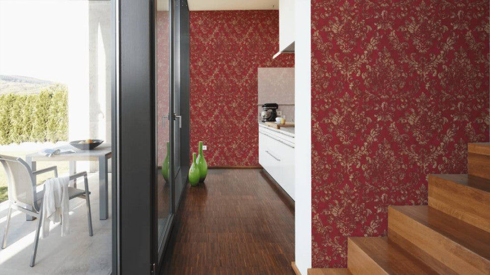 Damask Textured Wallpaper, Ornaments, 374131, Bordeaux Red Gold, 1 Roll
