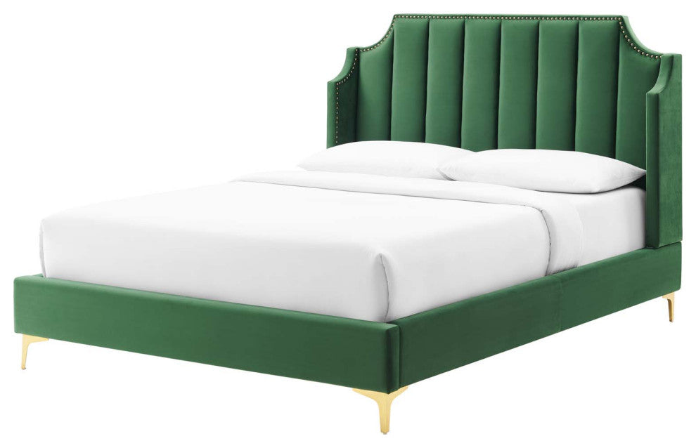 Platform Bed Frame, Queen Size, Velvet, Green, Modern Contemporary, Bedroom