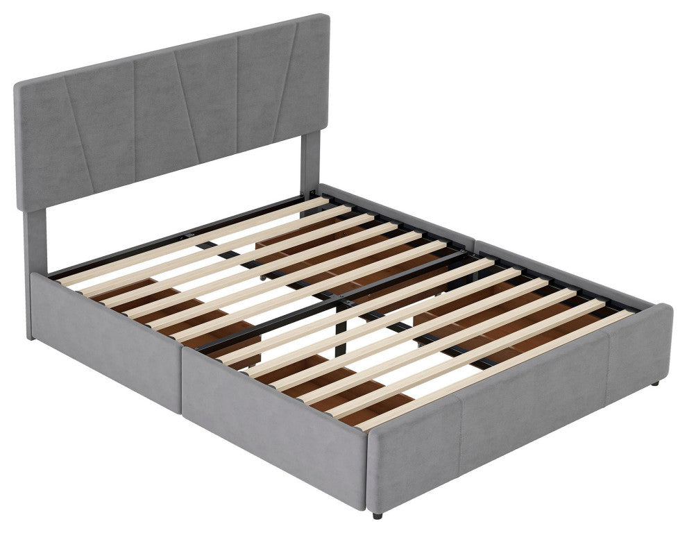 Gewnee Full Size Upholstery Platform Bed with Four Drawers on Two Sides in Grey