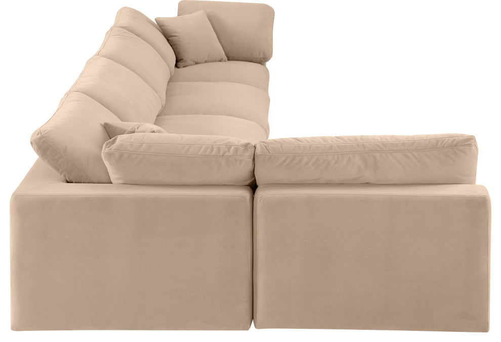 Comfy Upholstered L-Shaped Modular Sectional, Beige, 5-Piece: 3 Armless Chair, 2 Corner Chair, Velvet