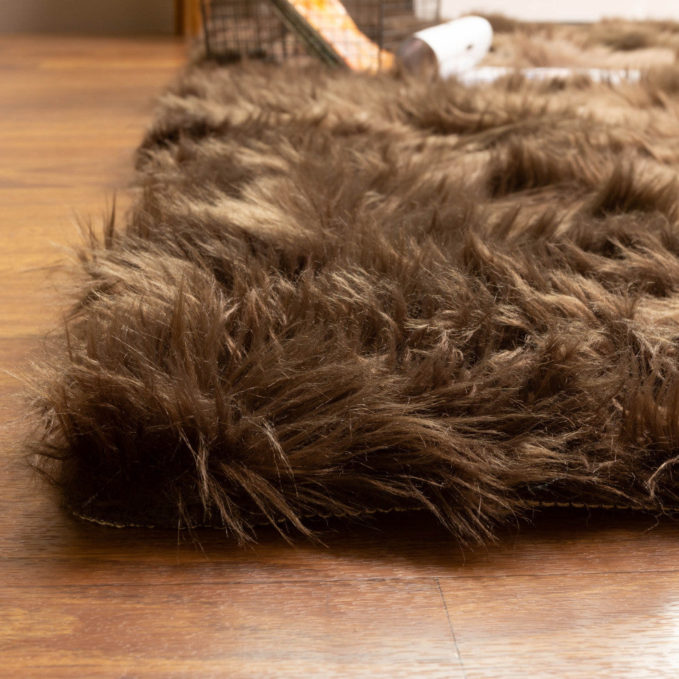 Plush and Soft Faux Sheepskin Fur Shag Area Rug, Dark Brown, 4' X 6'