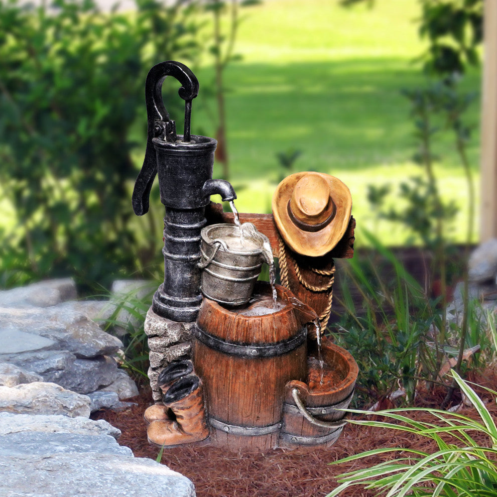 Pump and Barrel Fountain with Cowboy Hat