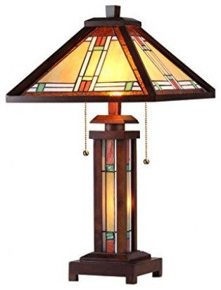 AARON Tiffany-style 3 Light Mission Double Lit Wooden Table Lamp 15inches Shade