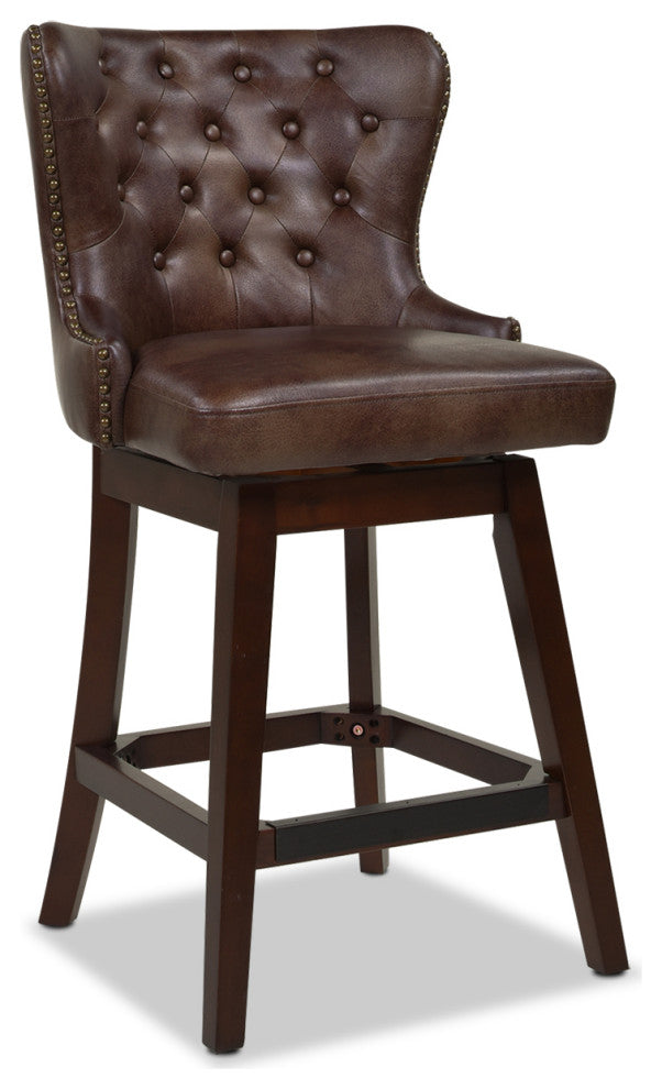 Holmes 27" Tufted High-Back 360 Swivel Counter-Height Barstool, Mid Brown Faux Leather