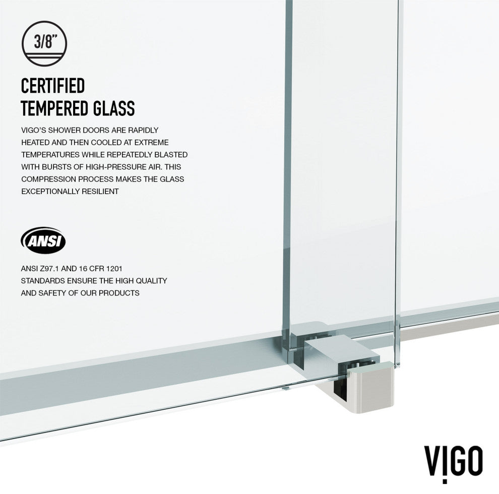VIGO Houston Frameless Sliding, V-Motion, Stainless Steel, Tub Door, 56" to 60" W X 66" H, Clear Glass
