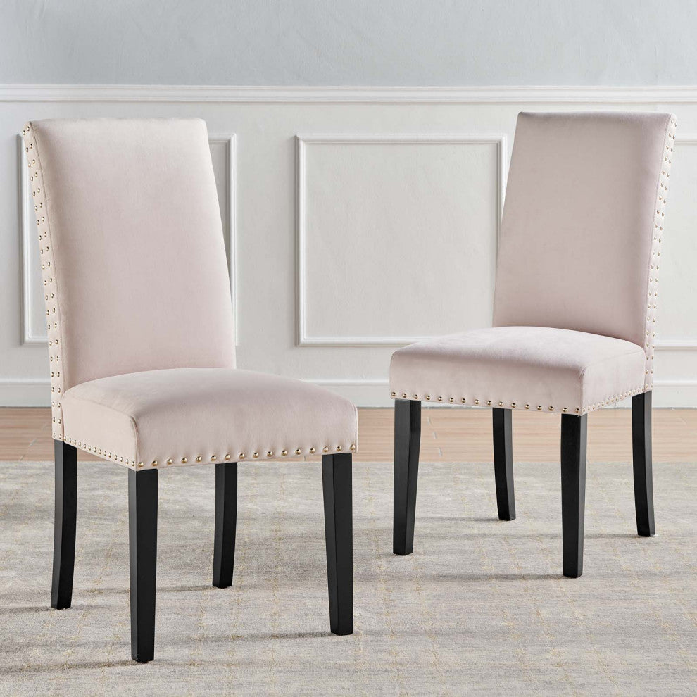 Side Dining Chair, Set of 2, Velvet, Wood, Pink, Modern, Cafe Bistro Restaurant
