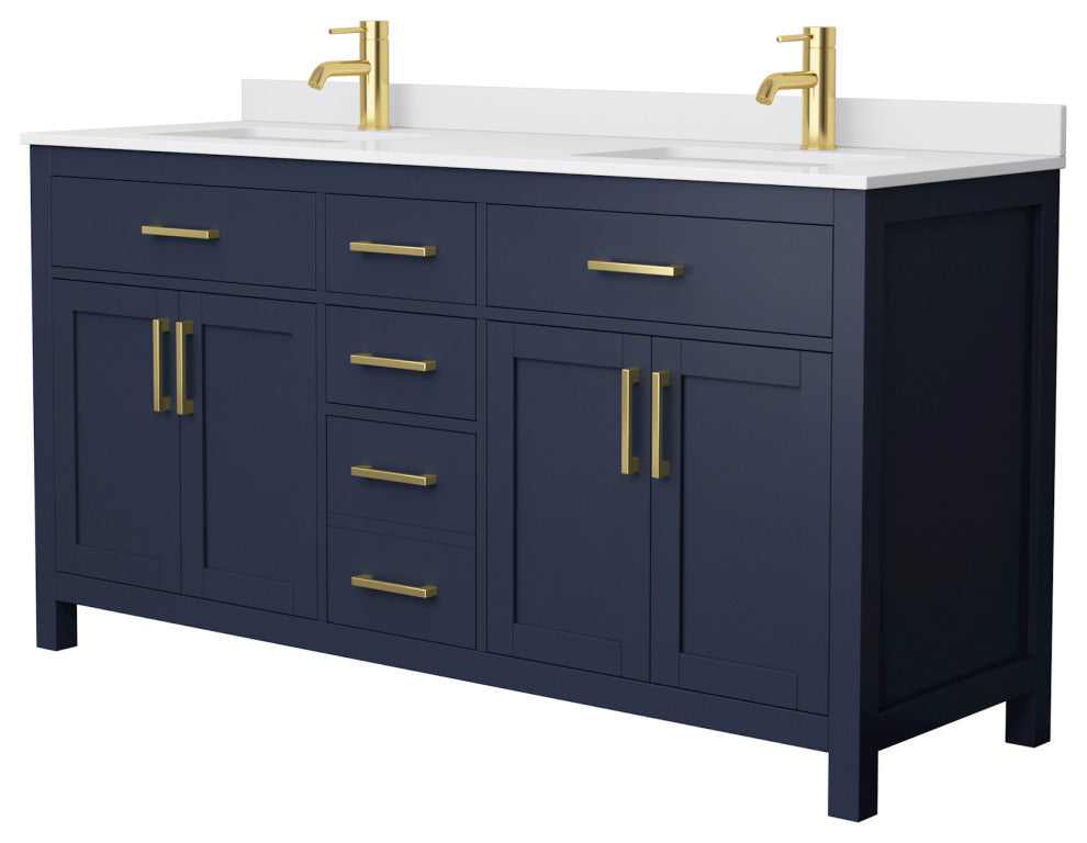 66" Double Bathroom Vanity Dark Blue, White Cultured Marble Countertop, Sinks