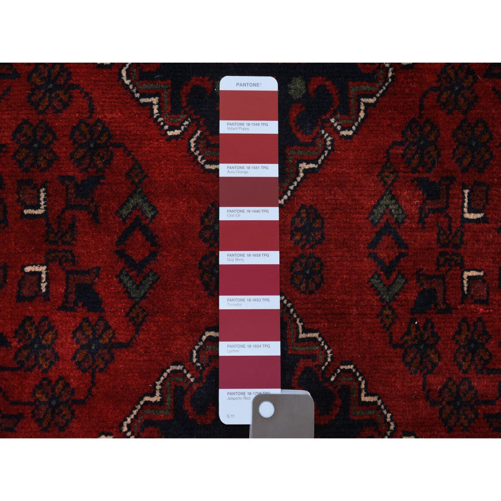 Deep Red, Afghan Khamyab Velvety Wool Hand Knotted Runner Rug, 3'0"x12'8"