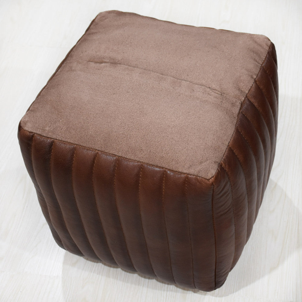 Poufs-Solid Handmade Goat Leather Pouf, Recycled Cotton Fill, Brown, 18x18x18  Square
