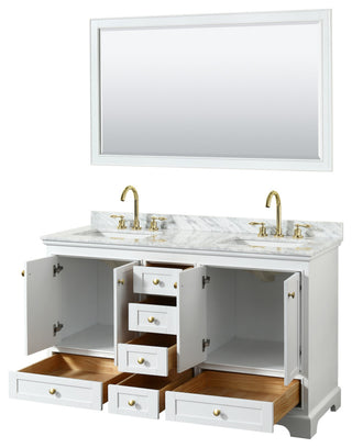 60"DBL Bath Vanity White, Carrara Countertop, Sinks, Gold Trim, 58" Mirror