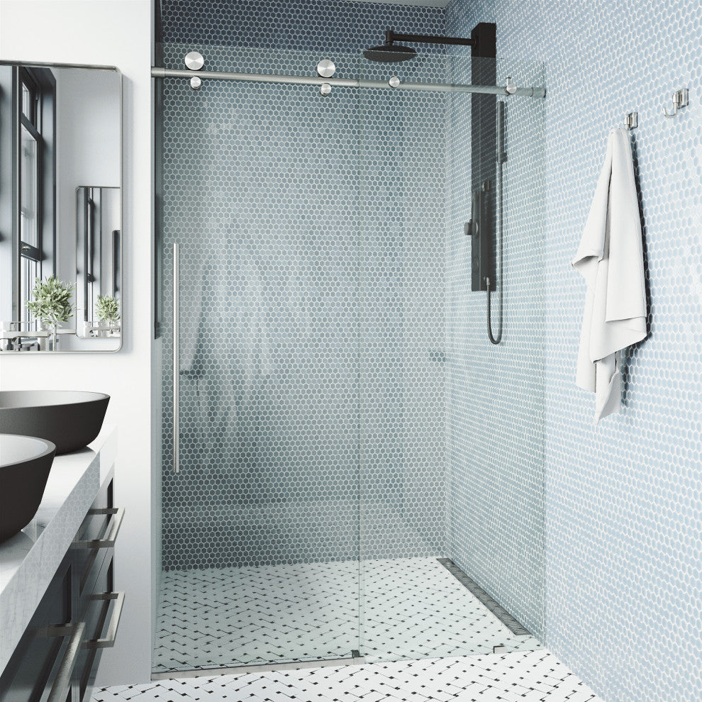 VIGO Elan E-Class 68" to 72" W x 76" H Frameless Sliding Shower Door, Stainless Steel, Clear Glass