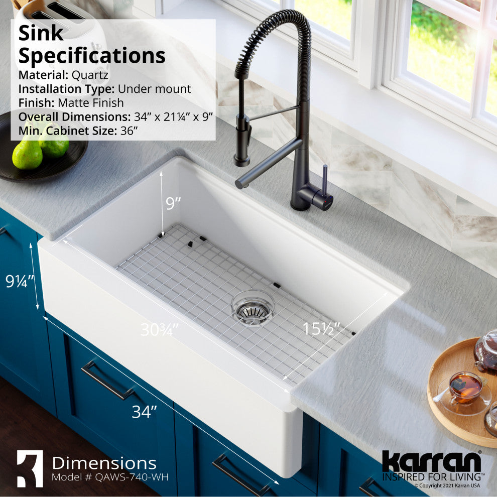Karran 34" Quartz Farmhouse Single Bowl Workstation Kitchen Sink, White