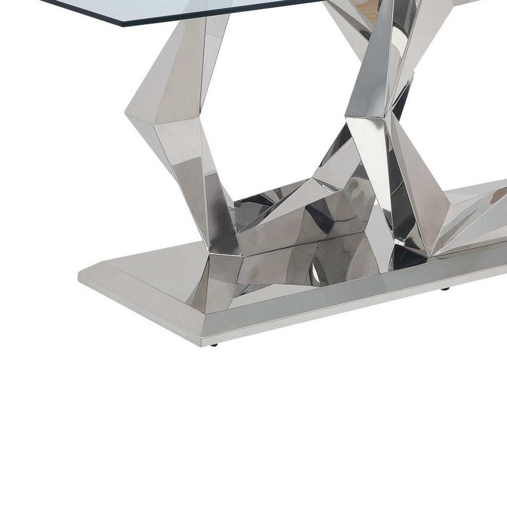 Benzara BM230721 Glass Top Dining Table With Steel Double Hexagonal Base, Chrome