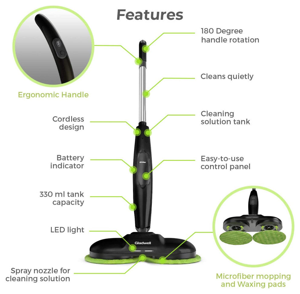 Gladwell Cordless Electric Mop, 3 in 1 Spinner, Scrubber and Waxer, Black