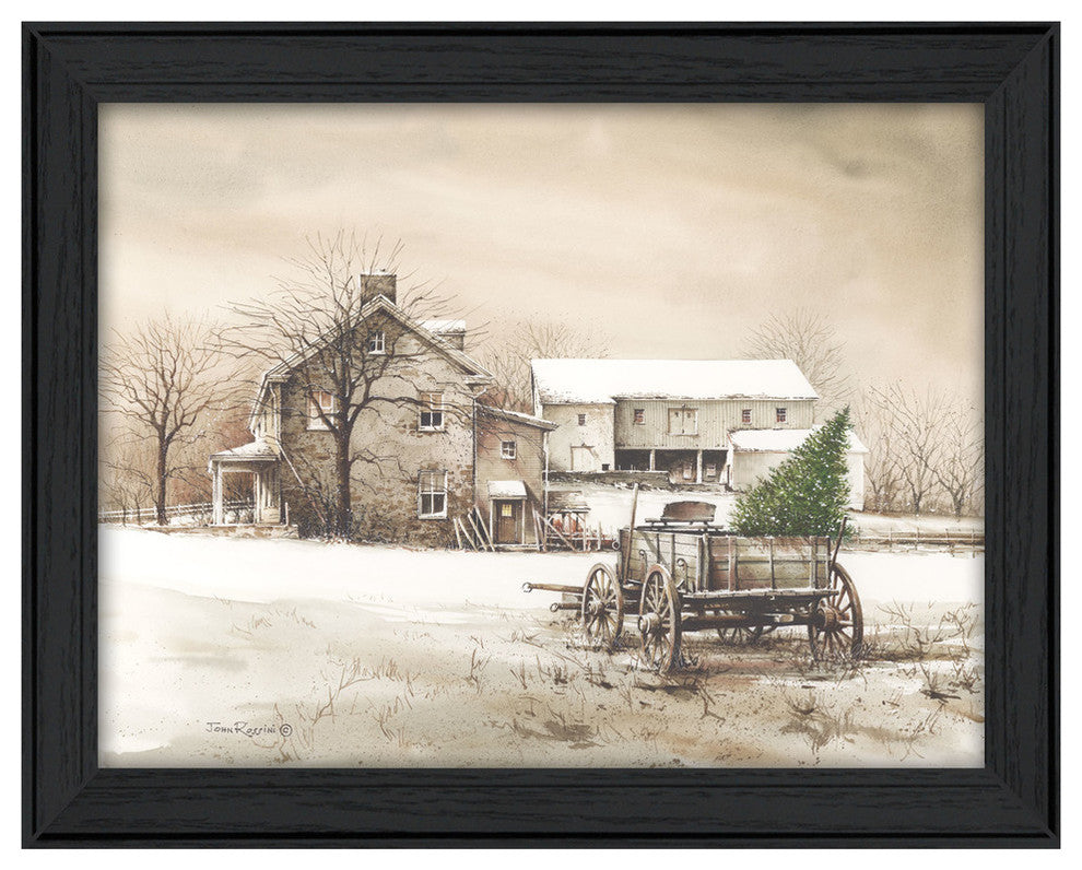 "Bringing Home the Tree" By John Rossini, Printed Wall Art, Black Frame