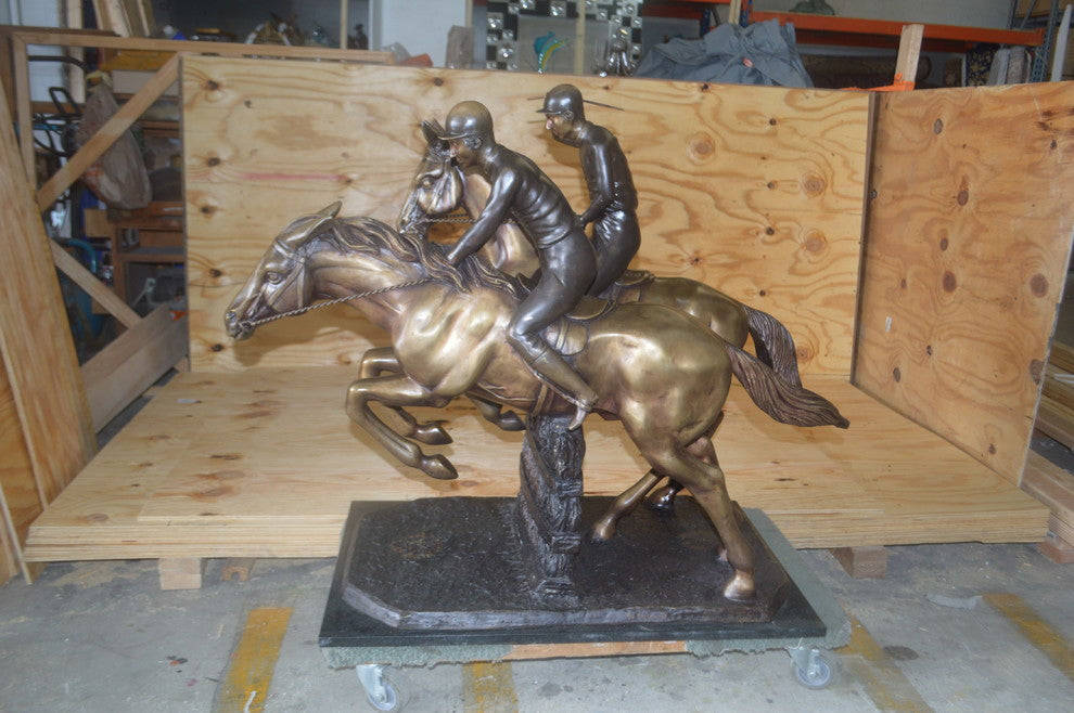 Two Horse Riders Racing Each Other Bronze Statue -  Size: 45"L x 21"W x 42"H.